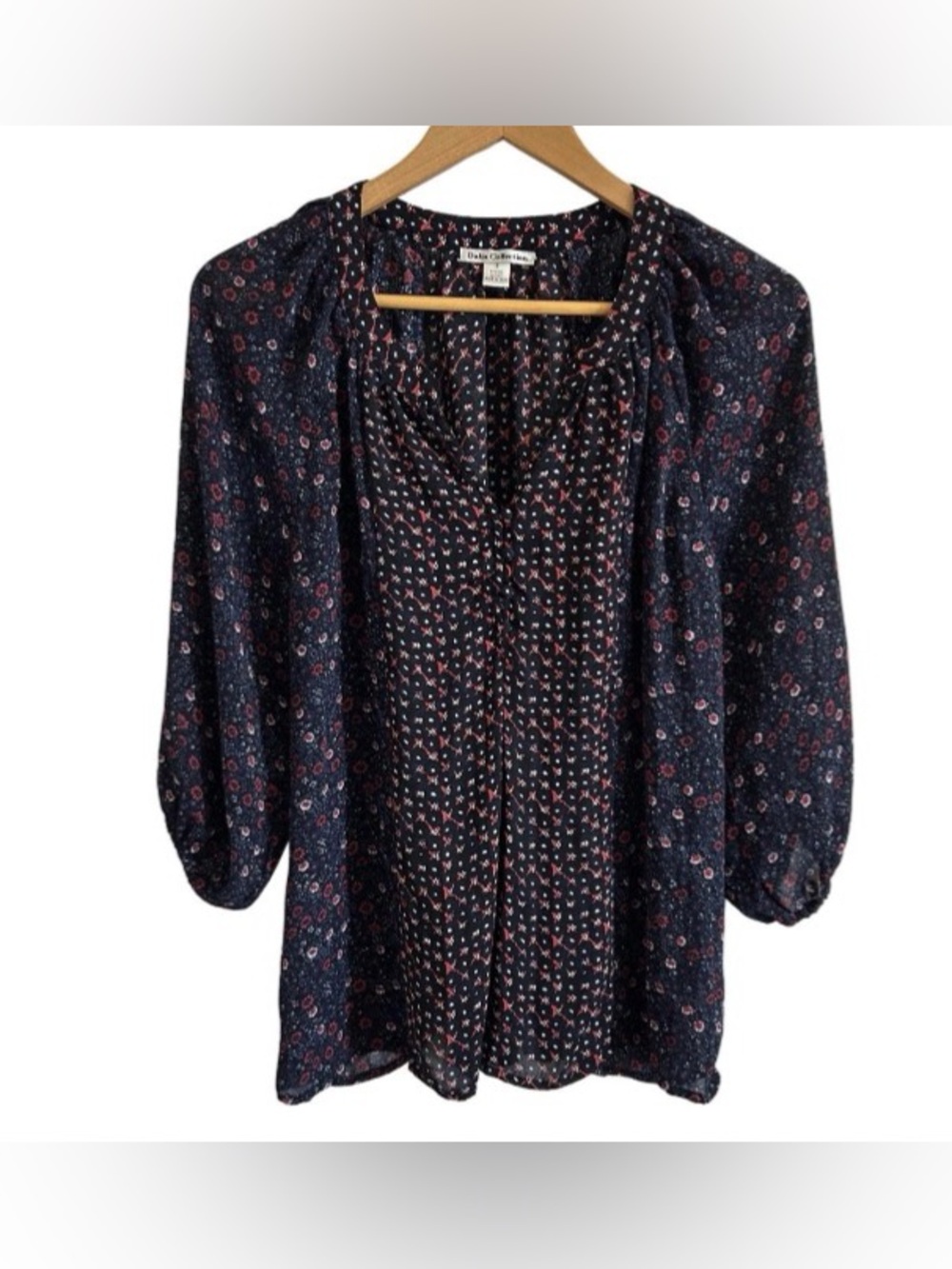 Dalia Collection Top Women SZ S Navy Floral Ruffle Blouse Peasant 3/4 Sleeve